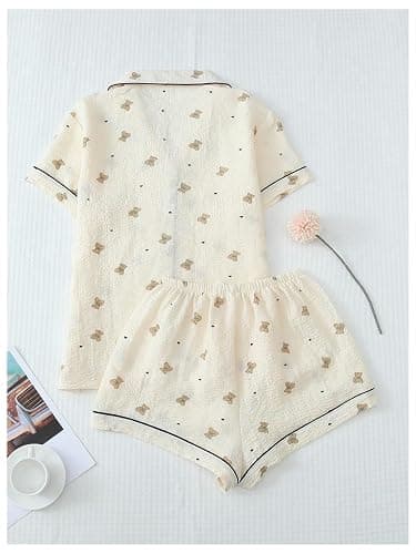 BEAUDRM Women's Two Piece Pajama Sets Allover Print Short Sleeve Sleepwear Button Down Shirt and Bow Shorts Pj Set Loungewear thumbnail 2