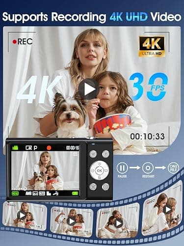 Digital Camera,4K Autofocus Point and Shoot Digital Camera with 32GB Card,48MP Portable Compact Camera Photography for Teens Adult Beginner with 16X Zoom,Anti-Shake,2 Batteries(Black) thumbnail 3