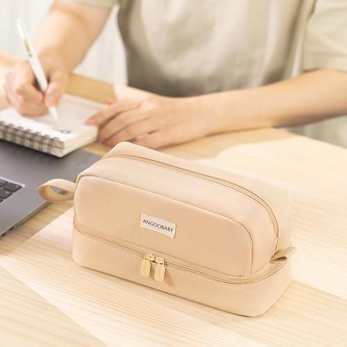 ANGOOBABY Big Capacity Large Pencil Case Canvas Pen Pouch Bag with 2 Compartments for Girls Boys Teen School Students Adults - Khaki thumbnail 6