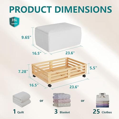 Bamboo Under Bed Storage with Wheels Rolling Underbed Drawer with Lids | 360° Lockable Wheels,120lbs Load Capacity,Multi-scene,Dustproof Storage Bag,Sturdy Wood Shoe Storage,Clothes Storage Drawers thumbnail 2