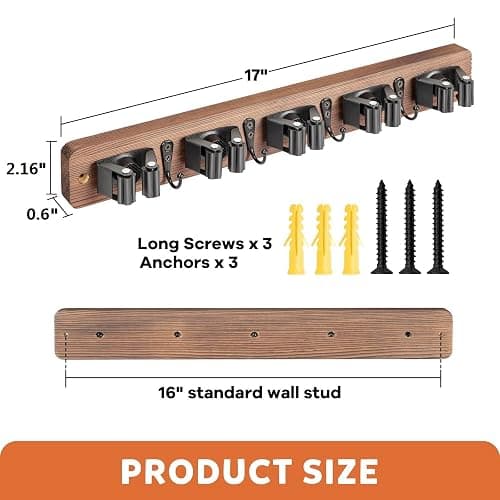 IMILLET Broom Holder Wall Mount, Rustic Wood Broom Hanger with 5 Racks and 4 Hooks, Laundry Room Organization and Storage, Mop Holder for Home Decor, Garden, Garage, Kitchen, Closet thumbnail 3