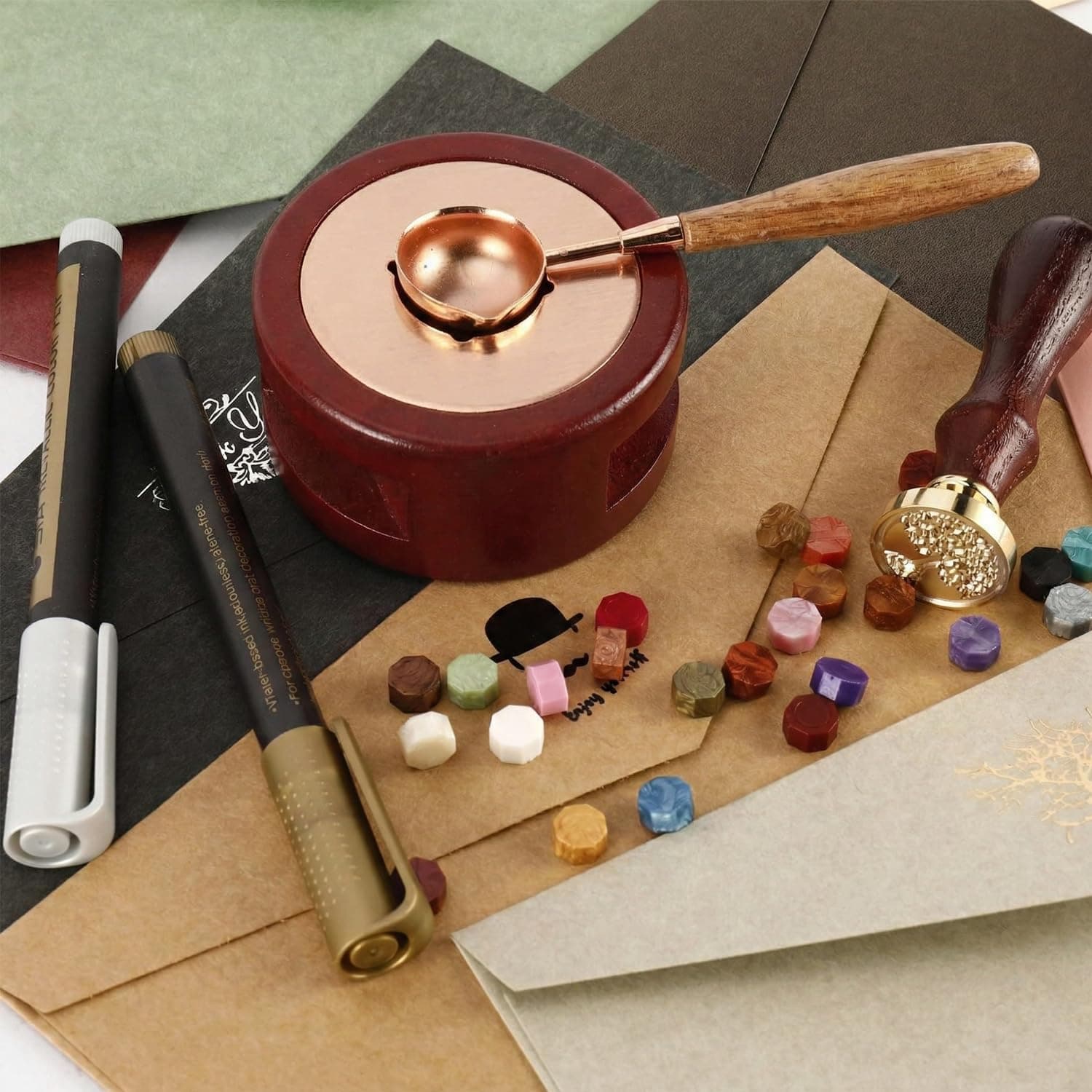 620Pcs Wax Seal Stamp Kit, Wax Seal Set with Wax Seal Beads, Sealing Wax Warmer, Vintage Envelopes, Wax Stamp and Metal Pen, Sealing Wax for Invitations, Cards, Envelopes, Gift Wrapping thumbnail 2