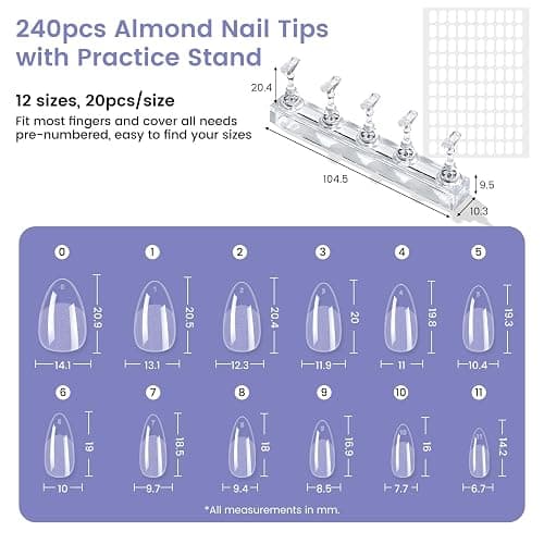Wilfniee Short Almond Nail Tips: 240PCS Soft Gel Pre-Shaped Acrylic Fake Almond Nail Tips with Nail Stand, 12 Sizes Full Cover Clear Press on Nails for Girls Women Nail Art Design thumbnail 5