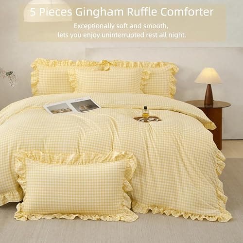 SUCSES Yellow Gingham Ruffle Comforter Set for Kids Twin 5 Pieces Ruffled Plaid Bedding for All Seasons Soft Lightweight Grid Printed Bed Comforter Sets (Yellow Gingham, Twin) thumbnail 2