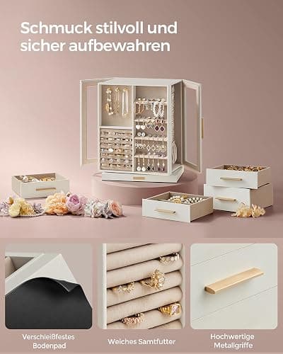 SONGMICS Schmuckkästchen 360° drehbar, Schmuckkasten 5 Schubladen, seitliche Glasfenster, geräumig, vertikale Schmuckaufbewahrung, offenes Design, Geschenkidee, weihnachten, wolkenweiß JBC170W01 thumbnail 5