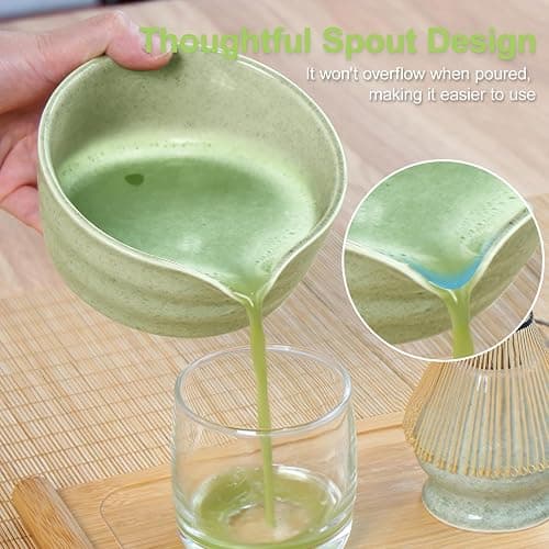 Green Matcha Whisk Making Set - Japanese Tea Kit with Whisk Bowl and Bamboo Scoop Ceramic Chawan with Spout for Traditional Tea Ceremony Complete Matcha Making Tools Gift for Tea Lovers (Green, 5 PCS) thumbnail 5