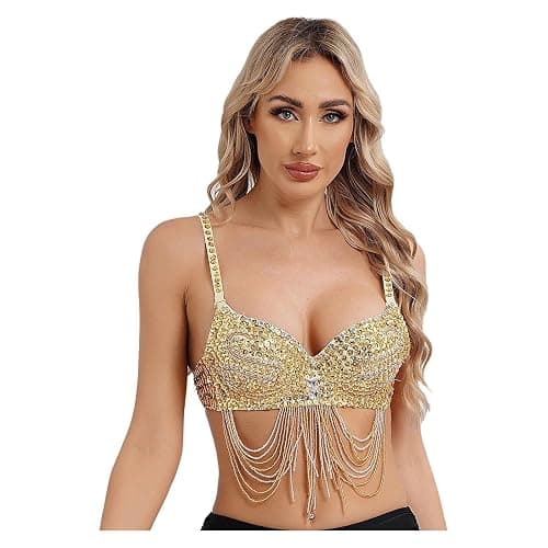 Women's Sequin Beads Bra Crop Top Fringe Rhinestone Sequin Club Bra Spaghetti Straps Underwire Push Up Bustier thumbnail 4