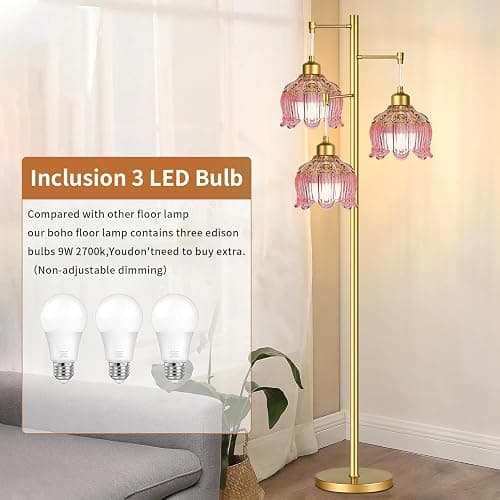 ILLMTW Glass Floor Lamp for Living Room,Bedroom,Gold Flower Mid Century Modern Standing Lamp Brass Tree 3 Light Tall Floor Lamps Vintage Floor Lights Pink Lamp Shade Farmhouse Boho Bohemian thumbnail 4