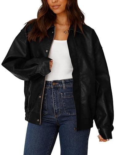 PRETTYGARDEN Women's Faux Leather Motorcycle Jacket Trendy Fall Spring Clothes Oversized Zip Up Winter Coat Outerwear - Image 1