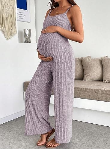 BLENCOT Maternity Ribbed Jumpsuit Stretchy One Piece Wide Leg Romper | Women's Sleeveless Square Neck Adjustable Strap High Waist Casual Lounge Sets Pregnancy Clothes Fashion 2026 thumbnail 3