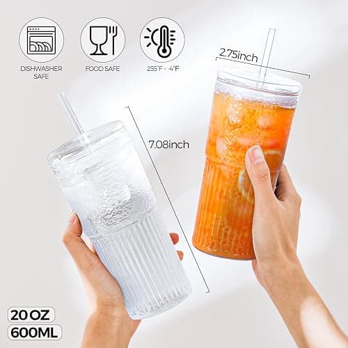 2PCS Glass Cups with Lids and Glass Straws, 20OZ Iced Coffee Cups, Home Essential and Coffee Bar Accessories Borosilicate Glass Tumblers with Lid and Straw for Beer, Cocktail, Tea and Latte, Clear thumbnail 3