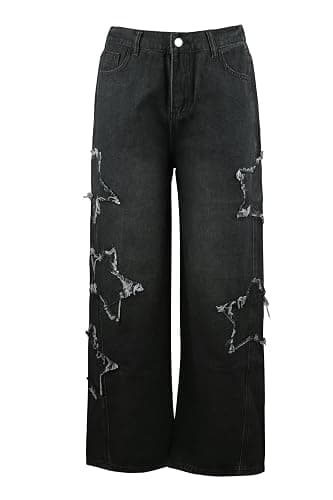 ZUNQKG Womens Baggy Jeans High Waisted Star Torn Patch Teen Girls Y2k Grunge Street Straight Leg Denim thumbnail 4
