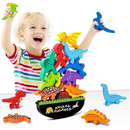 FFTROC Montessori Dinosaur Toys for 2 3 4 Year Old Boys - Wooden Stacking Dinosaur Toys for Kids 2-4 3-5, Toddler Balancing Block Sets - Image 1