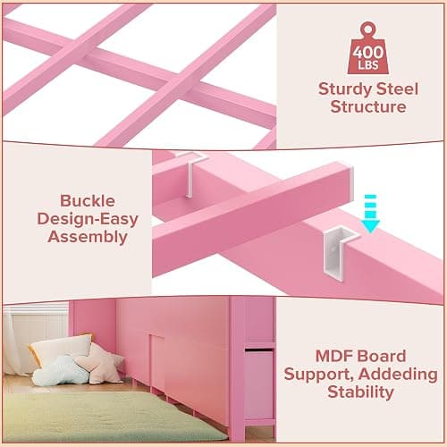 BYSAUD Full Low Loft Bed with 5 Storage Drawers and 6 Bookcases, Pink | Metal Loft Bed for Kids with LED Lights & Charging Station, 15" Safety Guardrail & Ladder, Under-Bed Play Space thumbnail 9