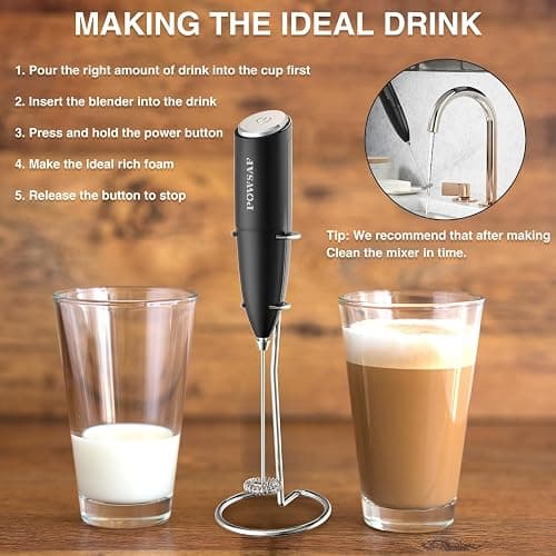 Milk Frother Handheld for Coffee with Stand - POWSAF Hand frother Wand, Electric Whisk Drink Mixer Mini Foamer for Cappuccino, Frappe, Matcha, Hot Chocolate, Silver/Black thumbnail 4