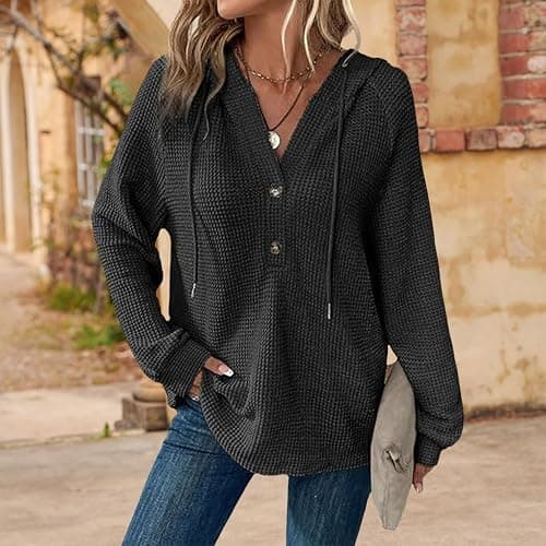 Hoodies for Women Comfortable Waffle Knit Long Sleeve Drawstring Button V Neck Casual Pullover Sweatshirt Hooded Tops thumbnail 2