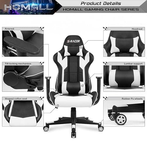 Homall Gaming Chair, Office Chair High Back Computer Chair Leather Desk Chair Racing Executive Ergonomic Adjustable Swivel Task Chair with Headrest and Lumbar Support (White) thumbnail 9