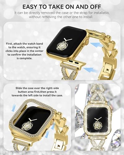 Rhinestones Encrusted Metal Bracelet and Case, Compatible with Apple Watch Bands 38mm-49mm (Series 10/1/SE/Ultra 2)- Bling Gold Women's Jewelry Strap, Luxury iWatch Bracelet with Screen Protector thumbnail 4
