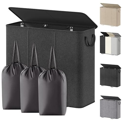 Lifewit Triple Laundry Hamper with Lid and Removable Laundry Bags, Large Collapsible 3 Dividers Dirty Clothes Basket with Handles for Bedroom Laundry Room Closet Bathroom College, 185L Black - Image 1