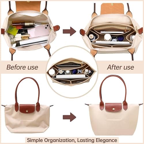 OPPOSHE Purse Organizer Insert for Longchamp Le Pliage, Premium Felt Long Champ Bag Handbag Women, Tote Organizer Insert with 9 Compartments (Large, Beige) thumbnail 3