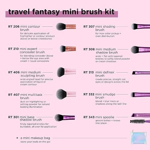 Real Techniques Kit de mini-pinceaux Real Technique Travel Fantasy, pinceaux de maquillage pour fard à paupières, surligneur, contour,ensemble de 11 pièces thumbnail 3