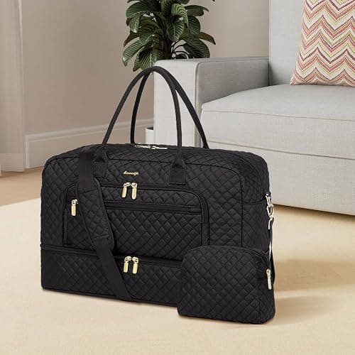 LUOCIP Large Women Travel Duffle Bag, Carry on Bag with Wet Toiletry Pocket for Overnight, Weekend, Yoga, Gym, Business Trips, Sport and Hospital, Black thumbnail 2