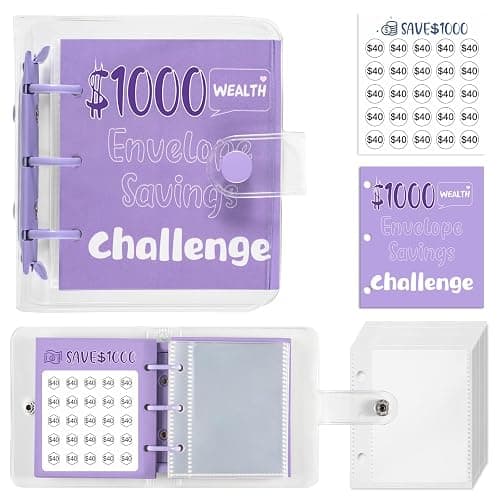 RSORGN Mini Money Saving Challenge Binder, Portable Budget Book with Cash Envelopes to Save $1000 for Home Office School Finance Planning (Purple) - Image 1
