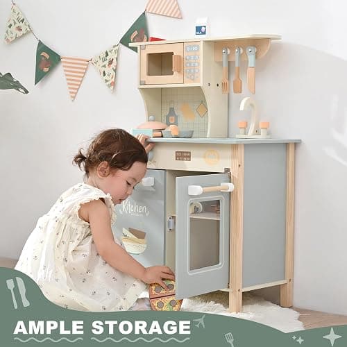 Play Kitchen for Toddlers, Kids Kitchen Playset Toy Kitchen Set, Toddler Kitchen Playset Wooden with with Faucet, Oven, Cookware Accessories thumbnail 8