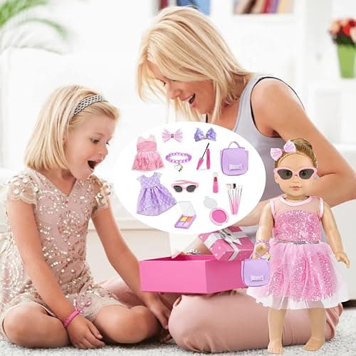 VAWMJOT 18 Inch American Doll Accessories, 2 Sets Pink and Purple Dresser Sunglasses Handbag Lipstick Hair Clip Eye Shadow Foundation Make-up Bracelet Cosmetic Brush American Doll Clothes Set thumbnail 7
