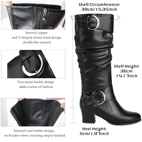 Pixoecuty Riding Boots Women Knee High Slouch Round Toe Buckle Victorian Tall Boots Block Mid Heel Knee-High Boots thumbnail 4