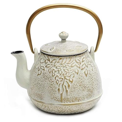 Toptier Cast Iron Tea Kettle, Stovetop Safe Japanese Cast Iron Teapot with Infuser, Leaf Design Tea Kettle for Stove Top Coated with Enameled Interior for 32 Ounce (950 ml), Warm Beige & Gray - Image 1