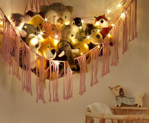 Stuffed Animal Hammock Corner Net with LED Light - Toy Storage Holder - Pink Cute Room Bedroom Decor for Teen Girls - Cute Bedroom Aesthetic Stuff for Baby Nursery Toddler Kids 8-10 - 12 Years Old thumbnail 4