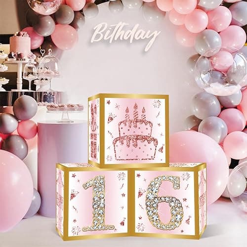 DataMoon 16th Birthday Decorations Boxes for Girls | 3PCS Pink Rose Gold Sweet 16 Birthday Balloons Boxes,Sixteen Year Old Party Supplies for Girls thumbnail 4