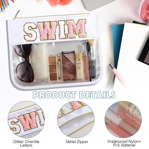 Swim Pouch Bag Clear Makeup Bags with Zipper Preppy Chenille Letter Patch Cosmetic Bag Beach Pool Zipper Pouch Summer Organizer Toiletry Bag for Women Girl Gifts thumbnail 3