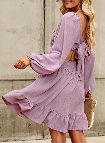 Dokotoo Womens Dress Long Lantern Sleeve Square Neck Tie Backless Sexy Dress Ruffle Elastic Waist A-Line Mini Dress thumbnail 4