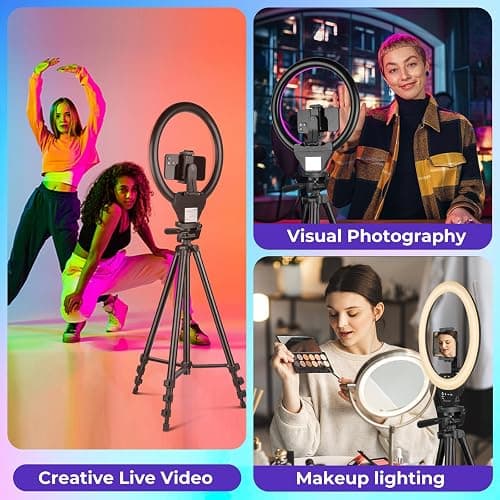 Sensyne 10'' RGB Ring Light with 50'' Extendable Tripod Stand, Circle Lights with Phone Holder for Live Stream/Makeup/YouTube Video/TikTok, Compatible with All Phones thumbnail 2