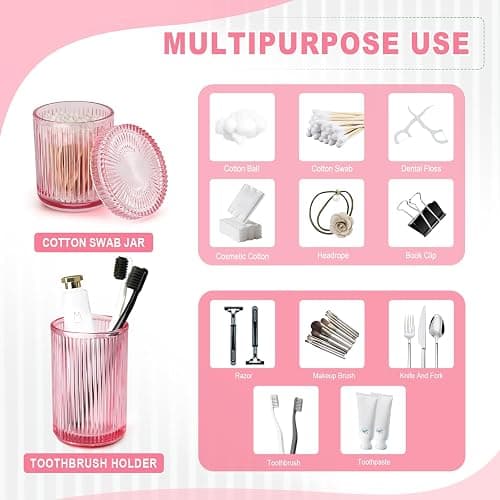 Pink Bathroom Accessories Set, 4 Pcs Glass Bathroom Accessory Set, Pink Soap Dispenser and Toothbrush Holder Set, Qtip Holder Set, Vintage Bathroom Sink Set, Cute Bathroom Decor thumbnail 5