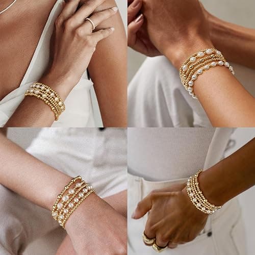 adoyi Gold Bracelets for Women Beaded Bracelet 14K Gold Plated Bracelet Stack Strand Stretch Bead Ball Bracelet Set Stackable Bracelet Adjustable Bracelet Set Jewelry for Gifts thumbnail 4