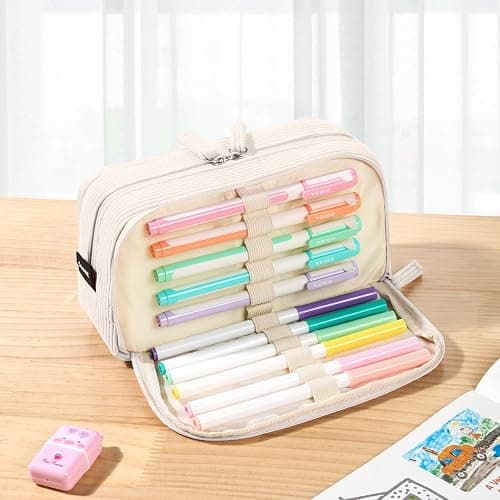 Sooez Big Capacity Pencil Case Pen Pouch, Soft Corduroy Pencil Bag with 3 Compartment, Multiple Pockets, Sturdy Zipper, Cute School Supplies Pen Bag Organizer For Teen Girls College, Beige thumbnail 2