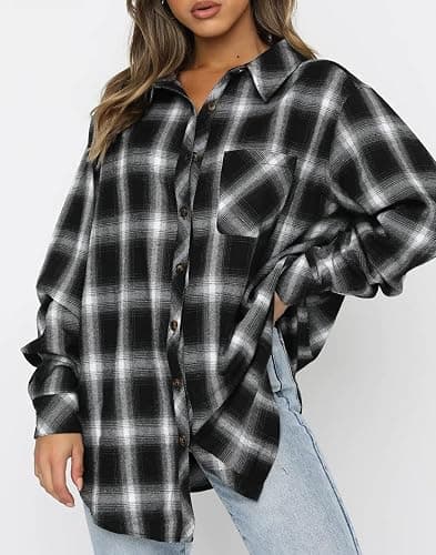 CHYRII Womens Button Down Flannel Shirts Long Sleeve Plaid Shackets Business Casual Blouse Top thumbnail 4