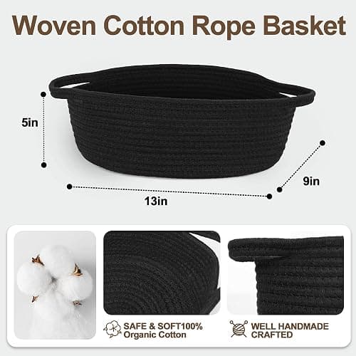 WILLITAT Small Baskets for Gifts Empty, 13"x 9"x 5" Woven Gift Basket with Bag and Ribbon, Cotton Rope Kids Dog Cat Toy Bin Box, Cute Baby Nursery Organizer, Decorative Storage with Handles (Black) thumbnail 3