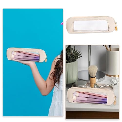 Psyqtsuary Small Clear Makeup Bag, PU Leather Travel Makeup Brush Case Portable Transparent Waterproof Cosmetic Organizer Pouch with Zipper for Women Home Travel Office Cosmetic Storage (Beige) thumbnail 7