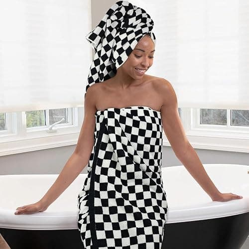 Jacquotha Black & White Checkered Cotton Bath Towels Set of 2 - Cute Aesthetic Bathroom Towels for Bathroom Decor 27.5" x 55" thumbnail 7