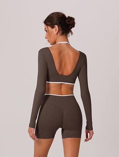 ABOCIW Workout Sets for Women 2 Piece Seamless Color Block Long Sleeve Crop Top Scrunch Butt High Waist Shorts Gym Set thumbnail 2