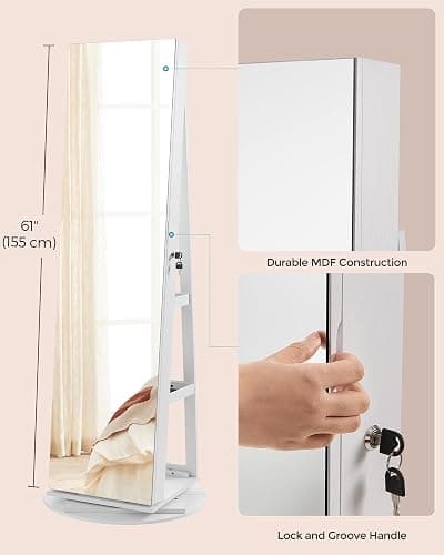 SONGMICS 6 LEDs Mirror Jewellery Cabinet, 360° Swivel Jewellery Storage Organiser, Lockable, Free-Standing Frameless Full-Length Mirror with Storage, White Surface, Black Lining JJC007W01 thumbnail 9