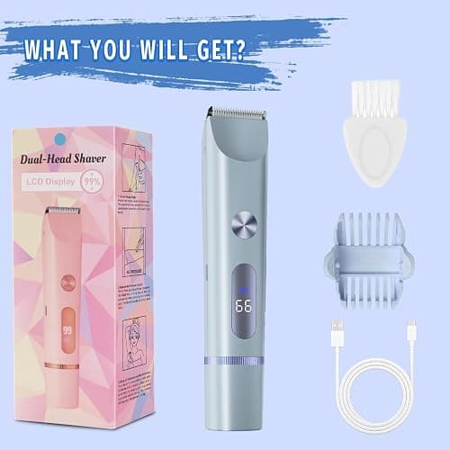 Bikini Trimmer for Women, 2 in 1 Electric Shaver for Women, Rechargeable Electric Razor Body Hair Trimmer Wet & Dry Use, Blue thumbnail 6
