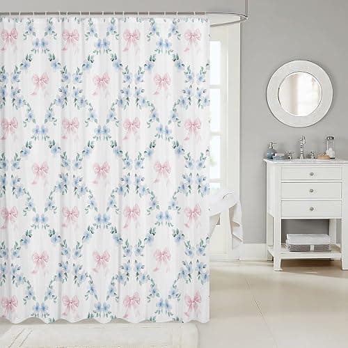 Erosebridal Pink Kawaii Ribbon Bow 72" Wx72 L Shower Curtain for Kids Girls Teen Adults,Blue Flowers Plaid Bowknot Bath Curtain Cute Girly Bow Bathroom Curtains Plant Floral Leaves Bathtub Curtains thumbnail 2