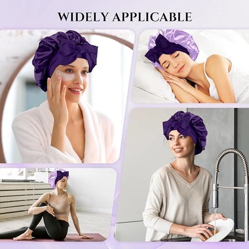 Reversible Satin Bonnet for Sleeping Women, Double Layer Soft Ajustable Elasticity Band Satin Bonnet for Sleeping Hair Silk Sleep Cap Reduce Frizz (Purple+Purple) thumbnail 7