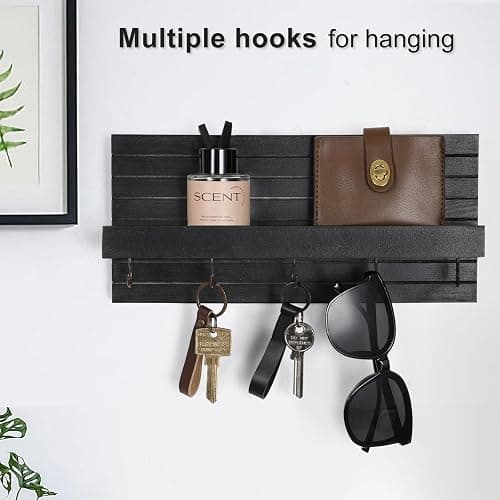 Lwenki Decorative Key Holder for Wall with Shelf, Entryway Shelf with Hooks Holds Leashes, Jackets and Glasses – Sturdy Wood Keyholder Entrance Hanger with Mounting Hardware (Black, Medium) thumbnail 2