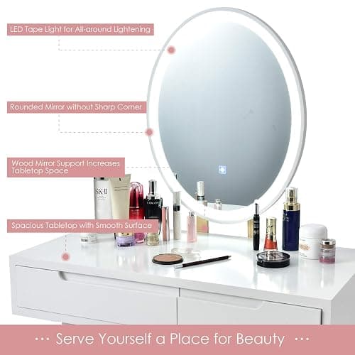 CHARMAID Vanity Set with Lighted Mirror, 3 Modes Adjustable Brightness Mirror, Makeup Dressing Table with Cushioned Stool, 2 Sliding Drawers with Divider, Modern Bedroom Vanity for Girls Women (White) thumbnail 5